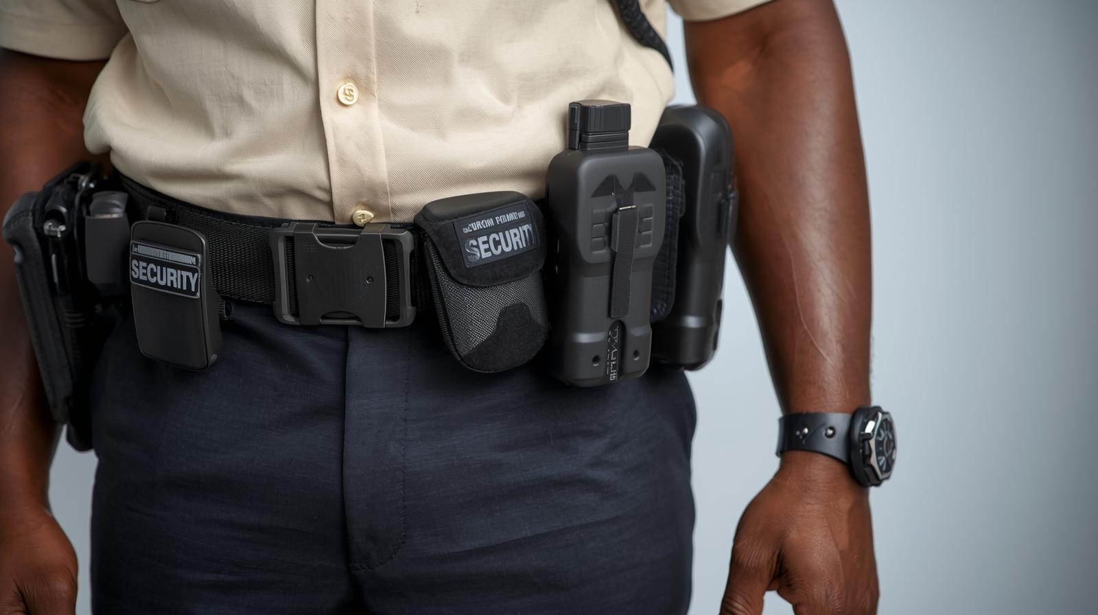 Generate image of an Africa security guards._Shirt of the uniform should be cream color and pants should be black._Guard should be well eqipped